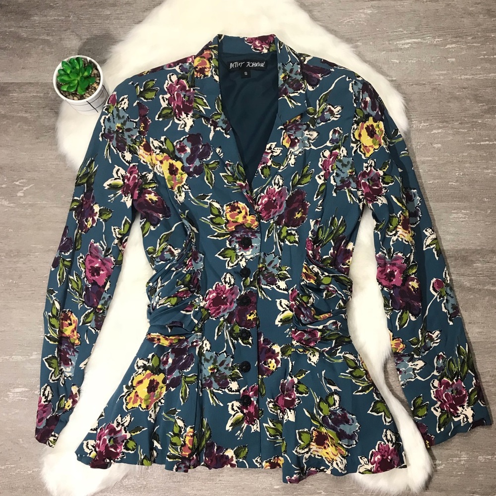 Betsey Johnson Teal Floral Blazer with Purple & Yellow Accents